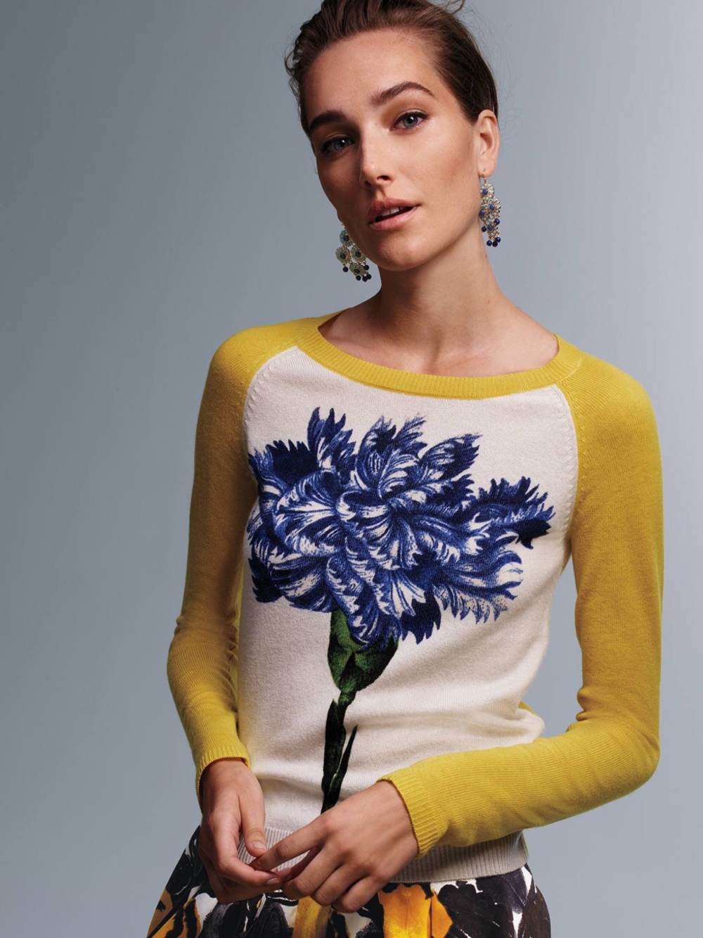 Samantha Sung Wild Flower Pullover 100% Cashmere Blue Carnation Anthropologie